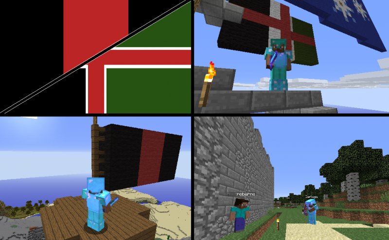 Clockwise: The flags of each party, Commonwealth forces retake Eurika, Kreiger conquers a part of the Winterlyn Military Zone, Austrobernd is about to get executed